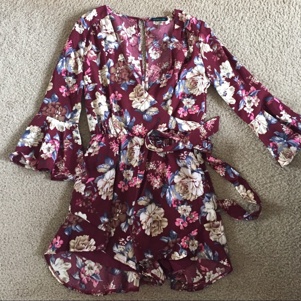 Maroon Floral Romper With Ruffle sleeves